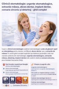 Clinică stomatologie: ghid complet pentru pacienți (stomatolog, urgențe, extracție măsea, implant dentar, coroane zirconiu, detartraj)