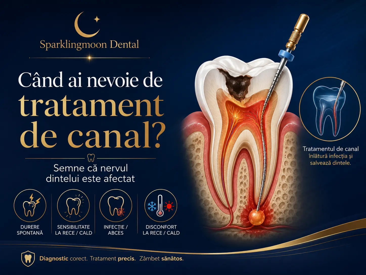 Când ai nevoie de tratament de canal – semne că nervul dintelui este afectat, durere spontană, sensibilitate dentară și abces dentar